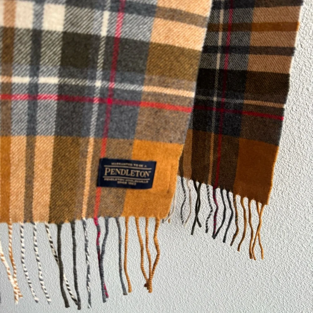 Pendleton Yellow Red Plaid Wool Scarf with Fringe Trim Unisex * FLAWS *